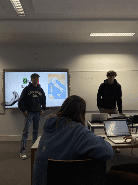 Orlando Recchi and Zeno Steinacher teaching an Italian class for the IE Italian Society at IE's Segovia campus.